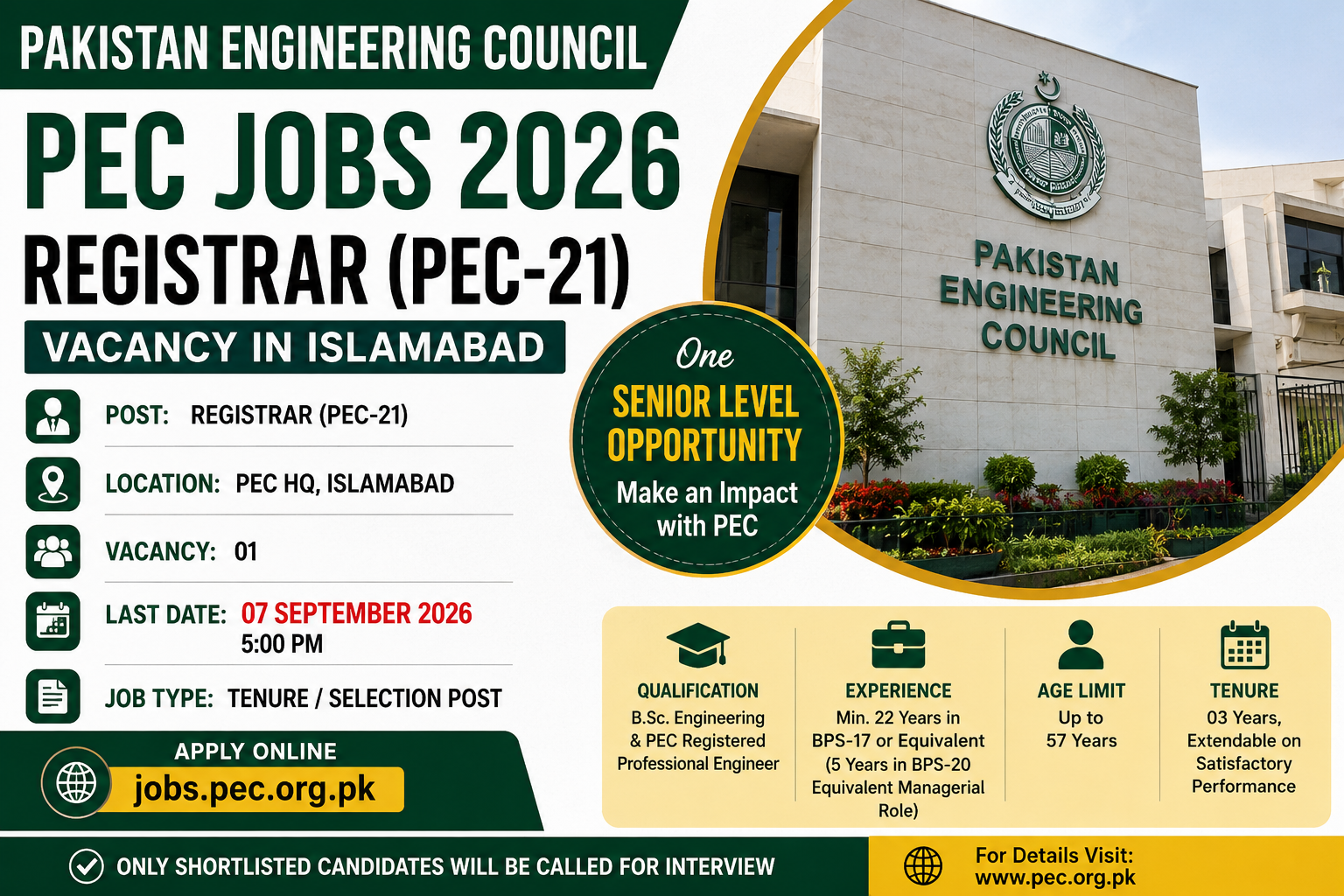 PEC Jobs 2026 – Registrar Post in Islamabad