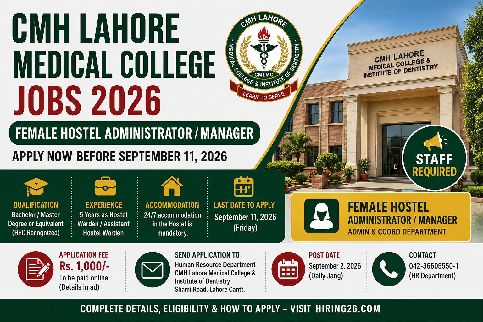 CMH Lahore Medical College Jobs 2026 – Female Hostel AdministratorManager vacancy in Lahore