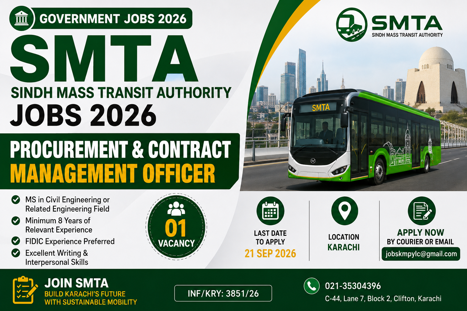 Government jobs 2026 – Sindh Mass Transit Authority Procurement & Contract Management Officer Karachi