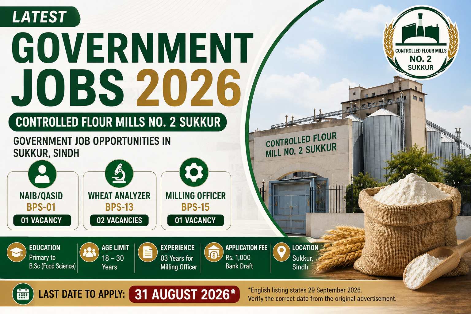 Latest Government Jobs 2026 – Controlled Flour Mills Sukkur Jobs – Eligibility, Apply & Last Date