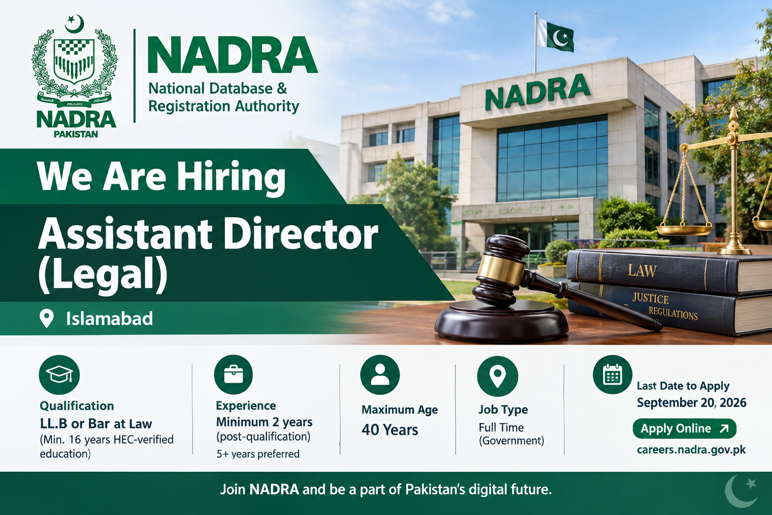 NADRA Jobs 2026 Assistant Director Legal Islamabad advertisement