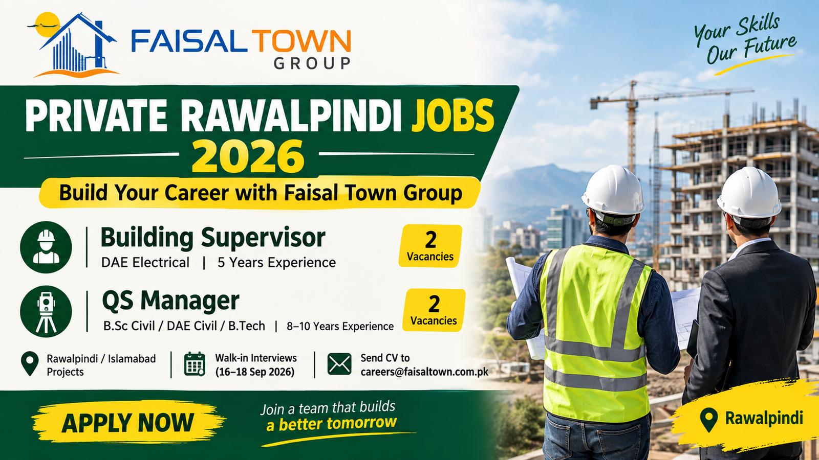 Private Rawalpindi Jobs 2026 – Faisal Town Building Supervisor and QS Manager