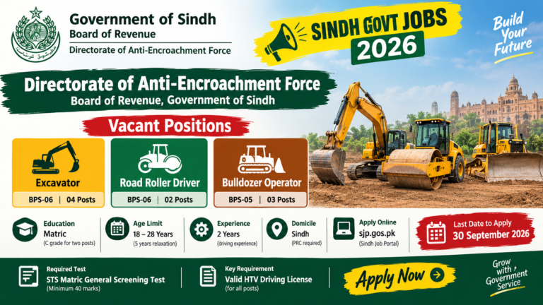 Sindh Govt Jobs 2026 – Excavator, Road Roller Driver & Bulldozer Operator