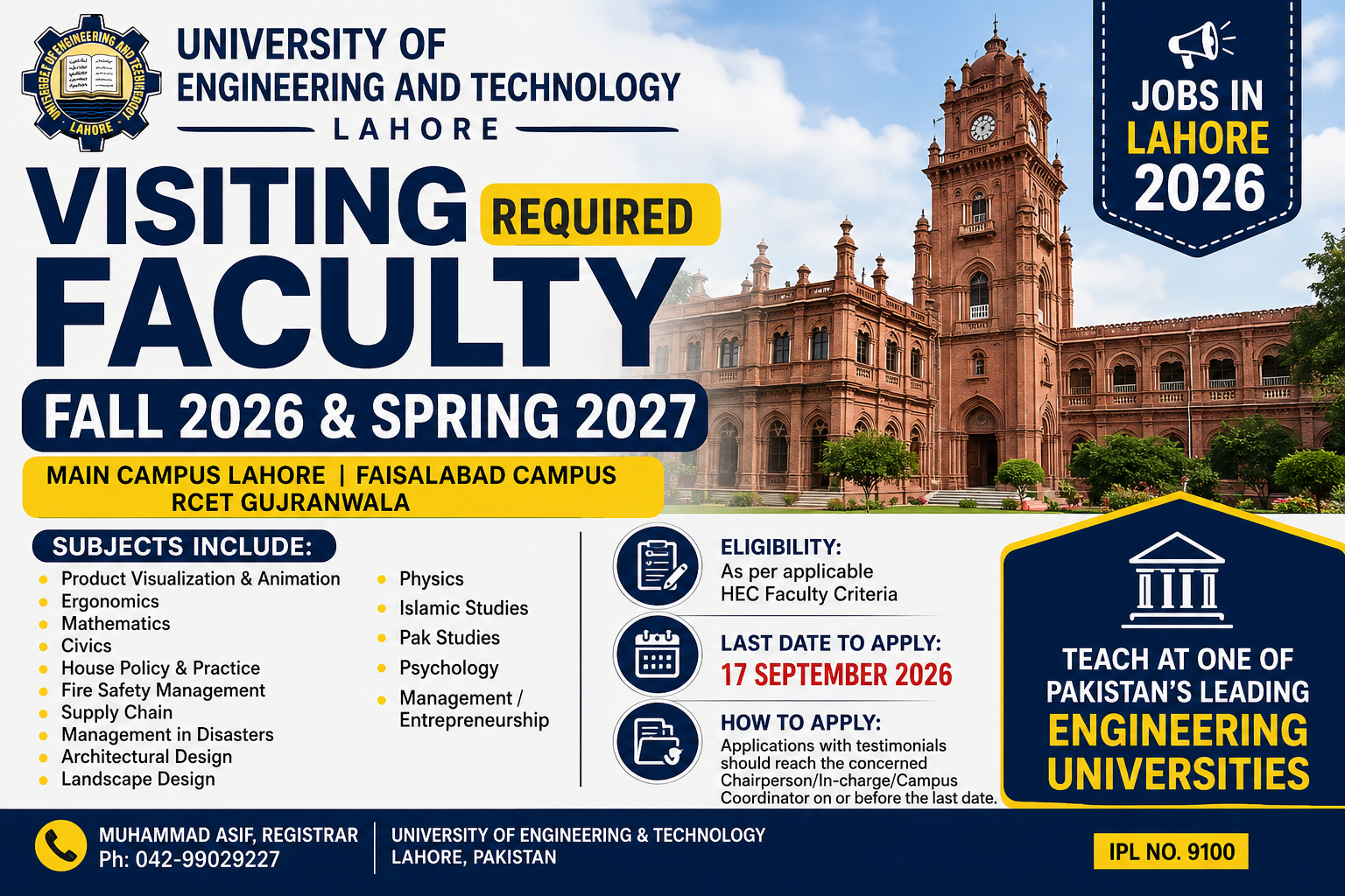 UET Jobs in Lahore 2026 Visiting Faculty recruitment for Fall 2026 and Spring 2027